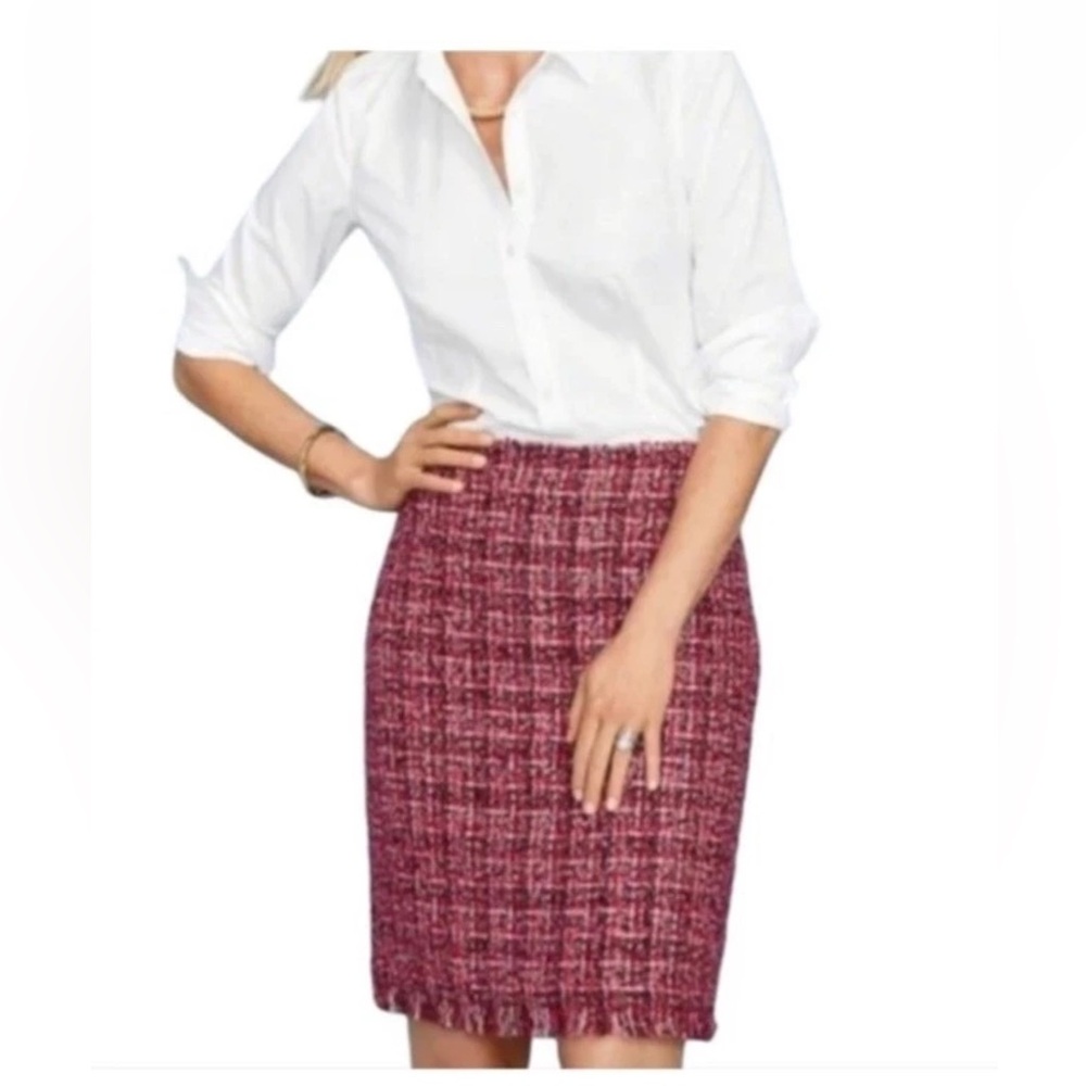 Talbots Women’s Boucle Tweed pencil Skirt Fringe Hem Wool Blend Plaid 8P
